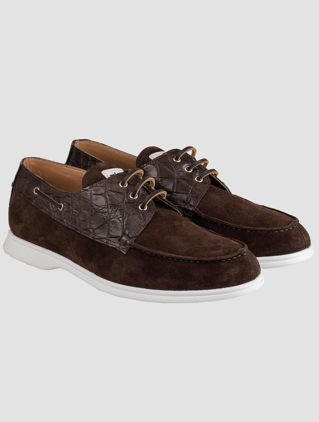 Kiton Brown Leather Crocodile Leather Suede Loafers KSY3 3