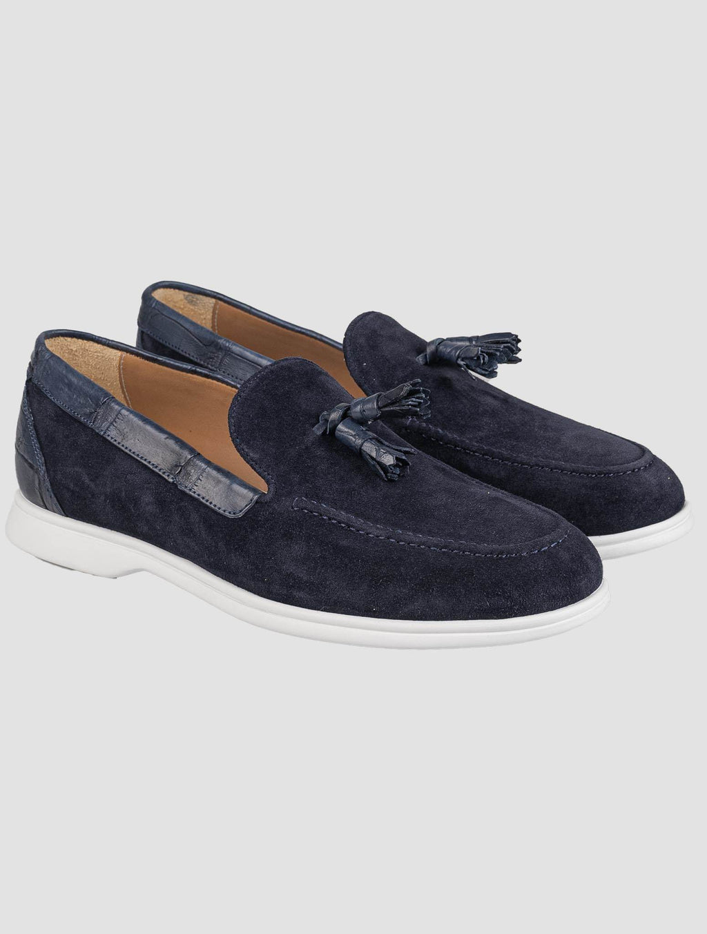 Kiton Blue Leather Crocodile Leather Suede Loafers KSY9 1