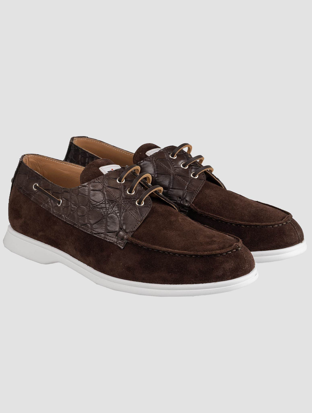 Kiton Brown Leather Crocodile Leather Suede Loafers KSY3 3