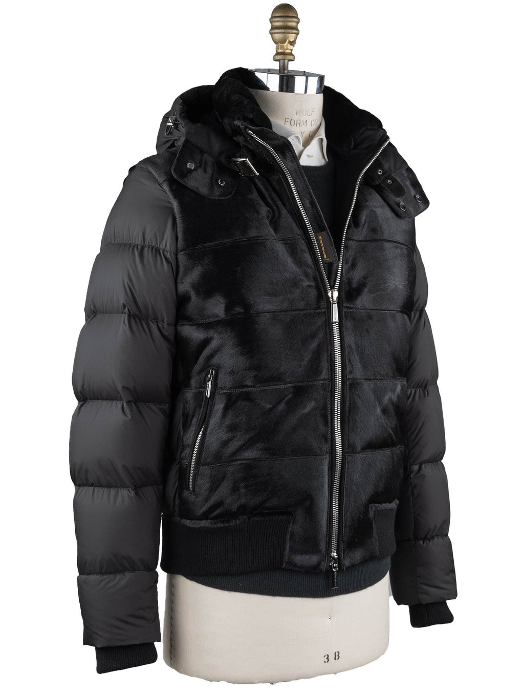 MooRER Black Leather Bos Taurus Sheepskin Collar Coat 2