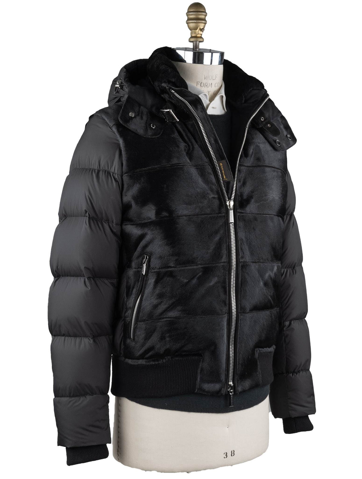 MooRER Black Leather Bos Taurus Sheepskin Collar Coat 2