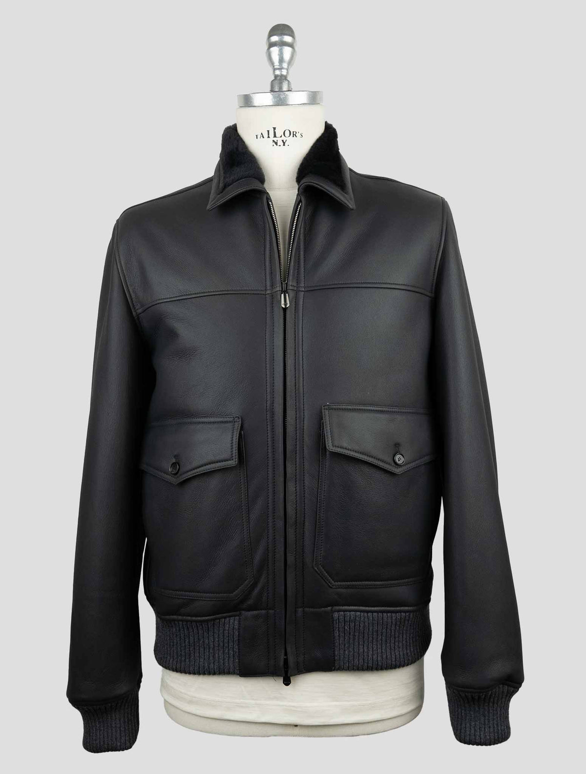 Cesare Attolini Black Leather Shearling Coat 1