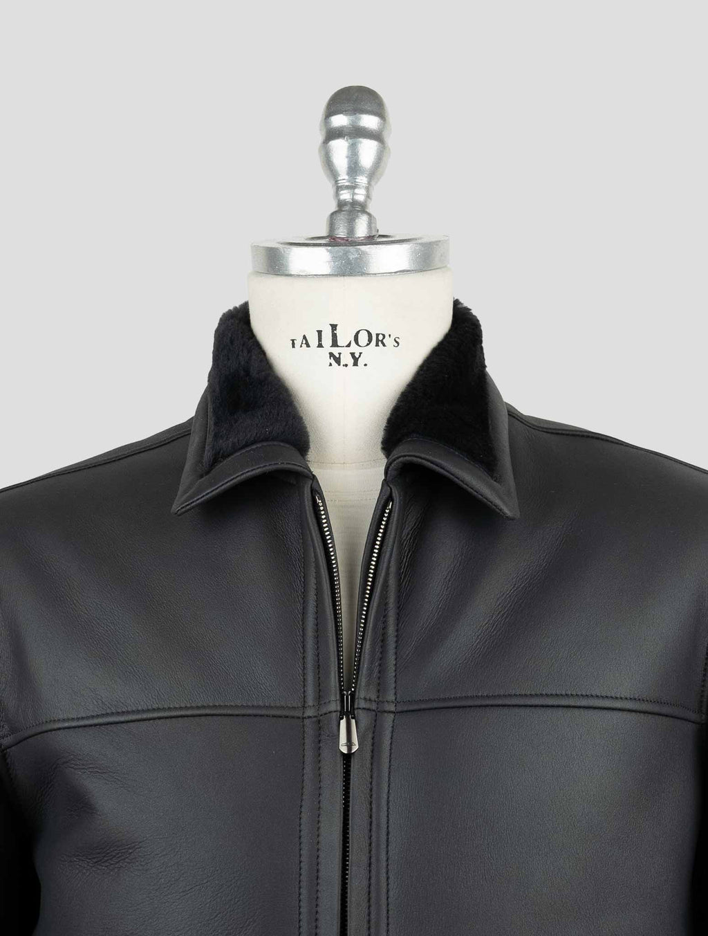Cesare Attolini Black Leather Shearling Coat 4