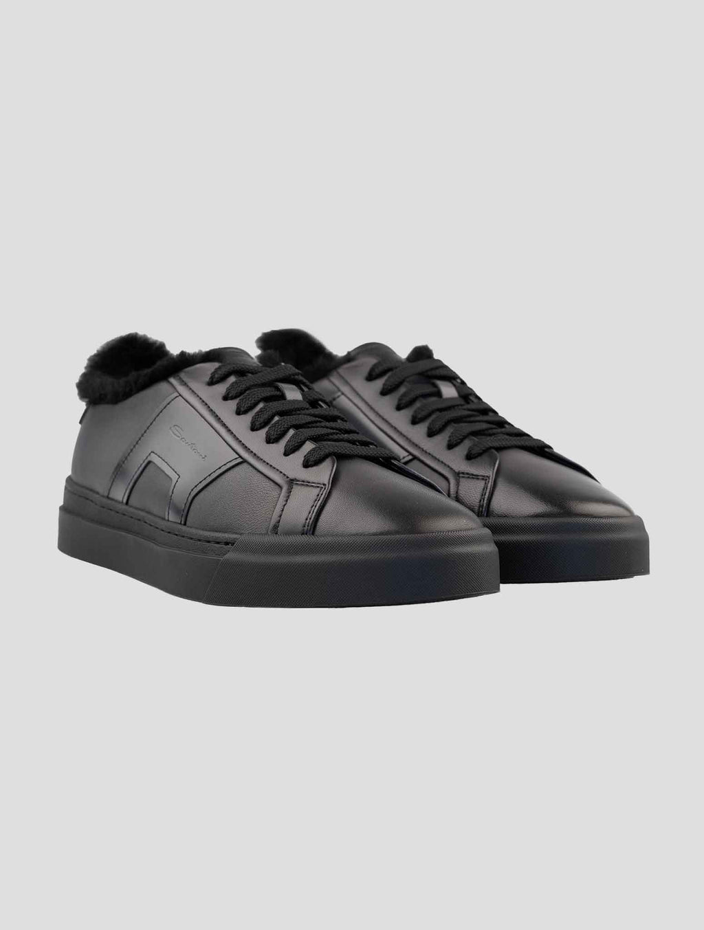 Santoni Black Leather Sheep Sneakers 1