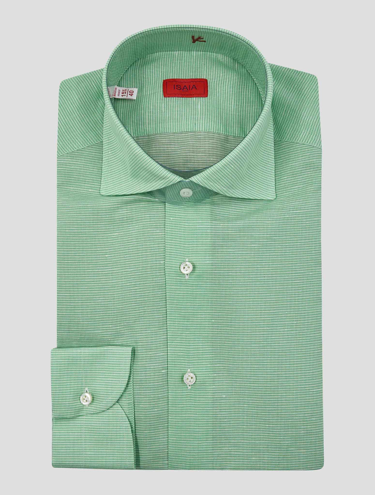 Isaia Green White Cotton Linen Shirt
