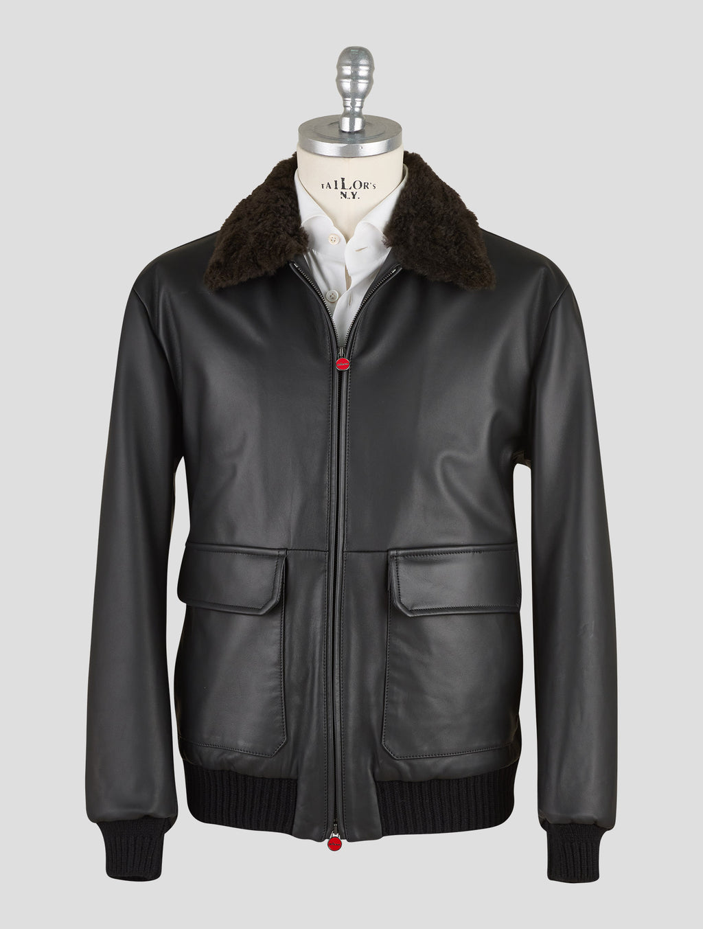 Kiton Black Leather Lamb Leather Shearling Coat