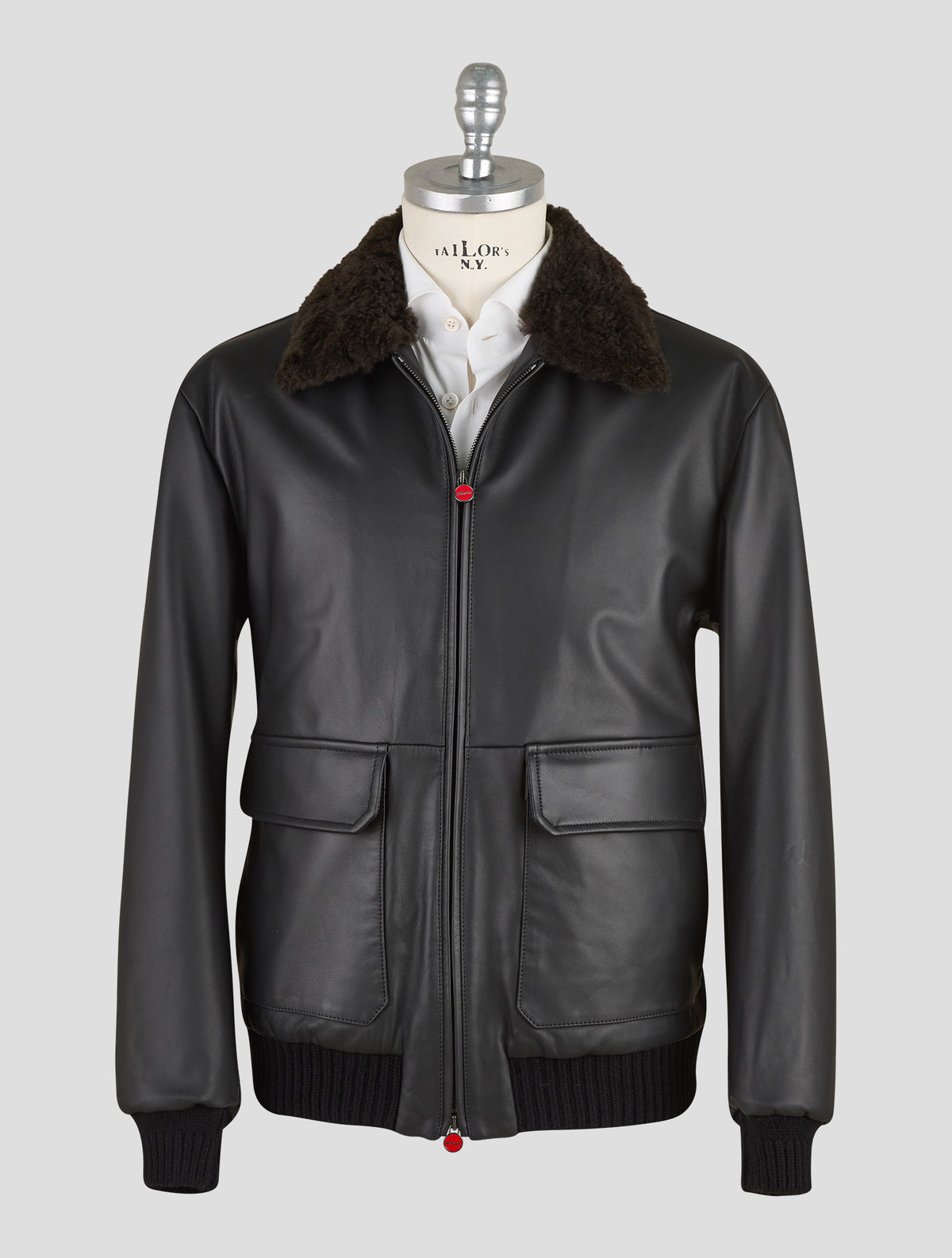Kiton Black Leather Lamb Leather Shearling Coat