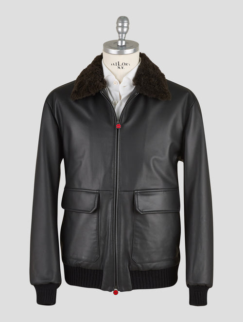 Kiton Black Leather Lamb Leather Shearling Coat