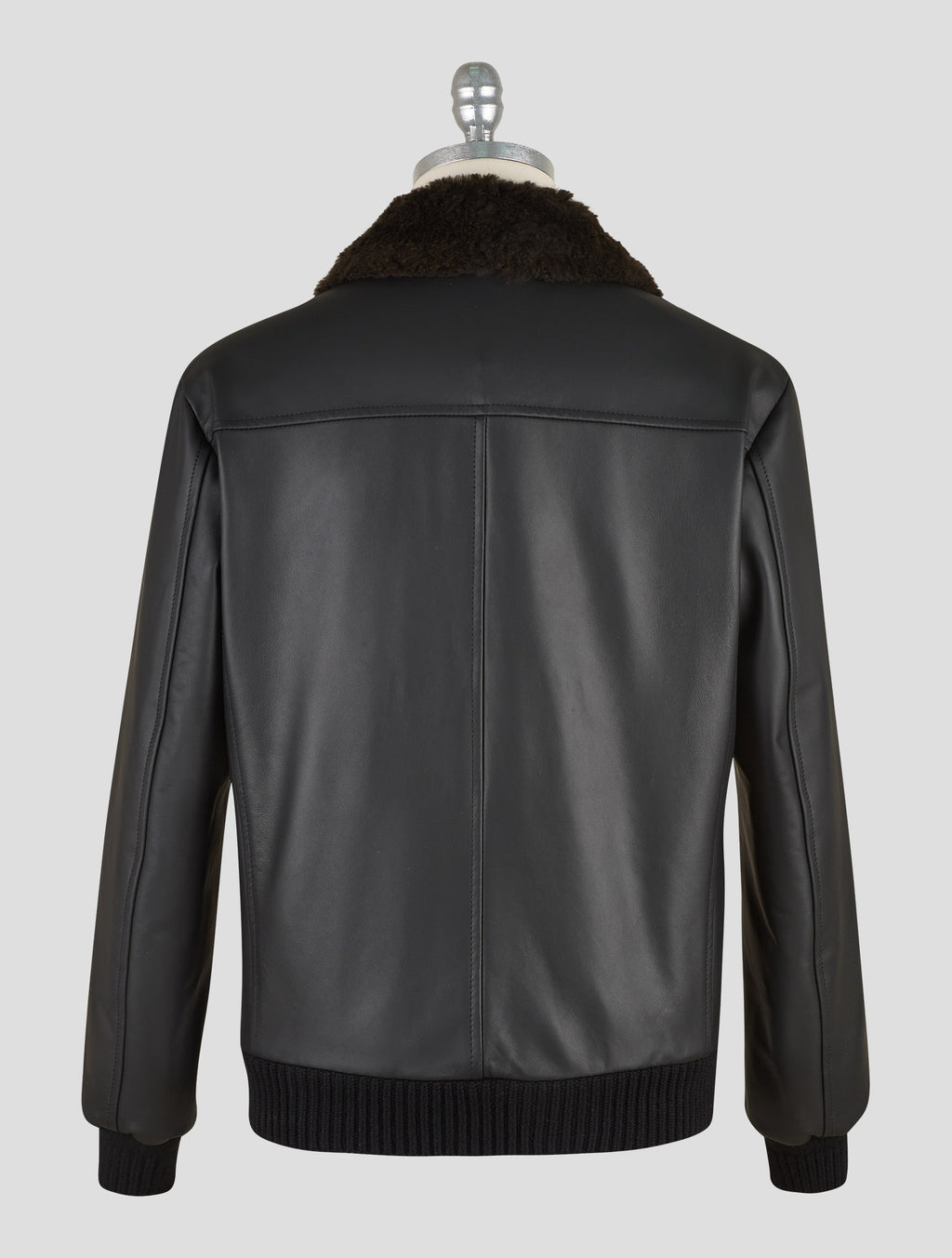 Kiton Black Leather Lamb Leather Shearling Coat