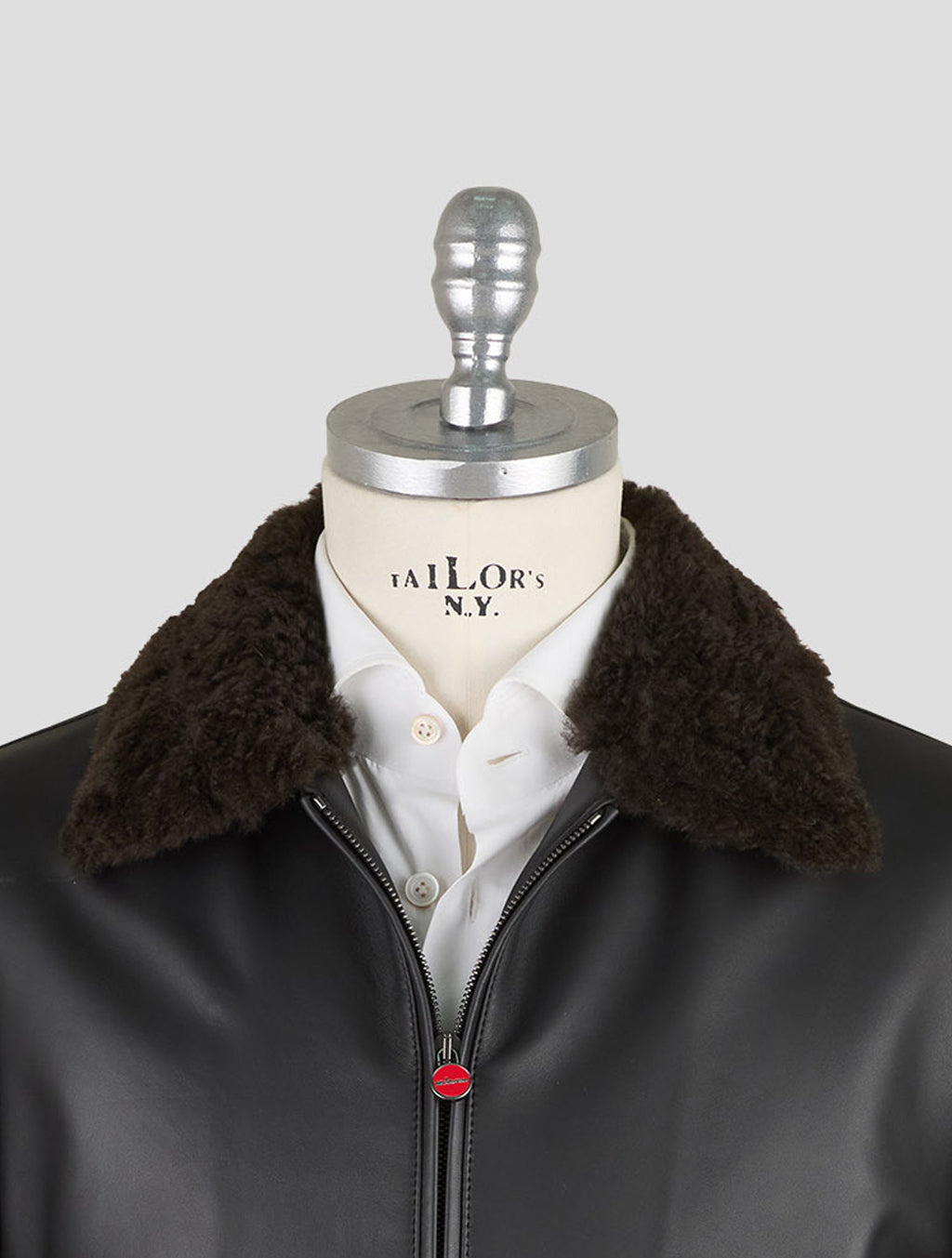 Kiton Black Leather Lamb Leather Shearling Coat