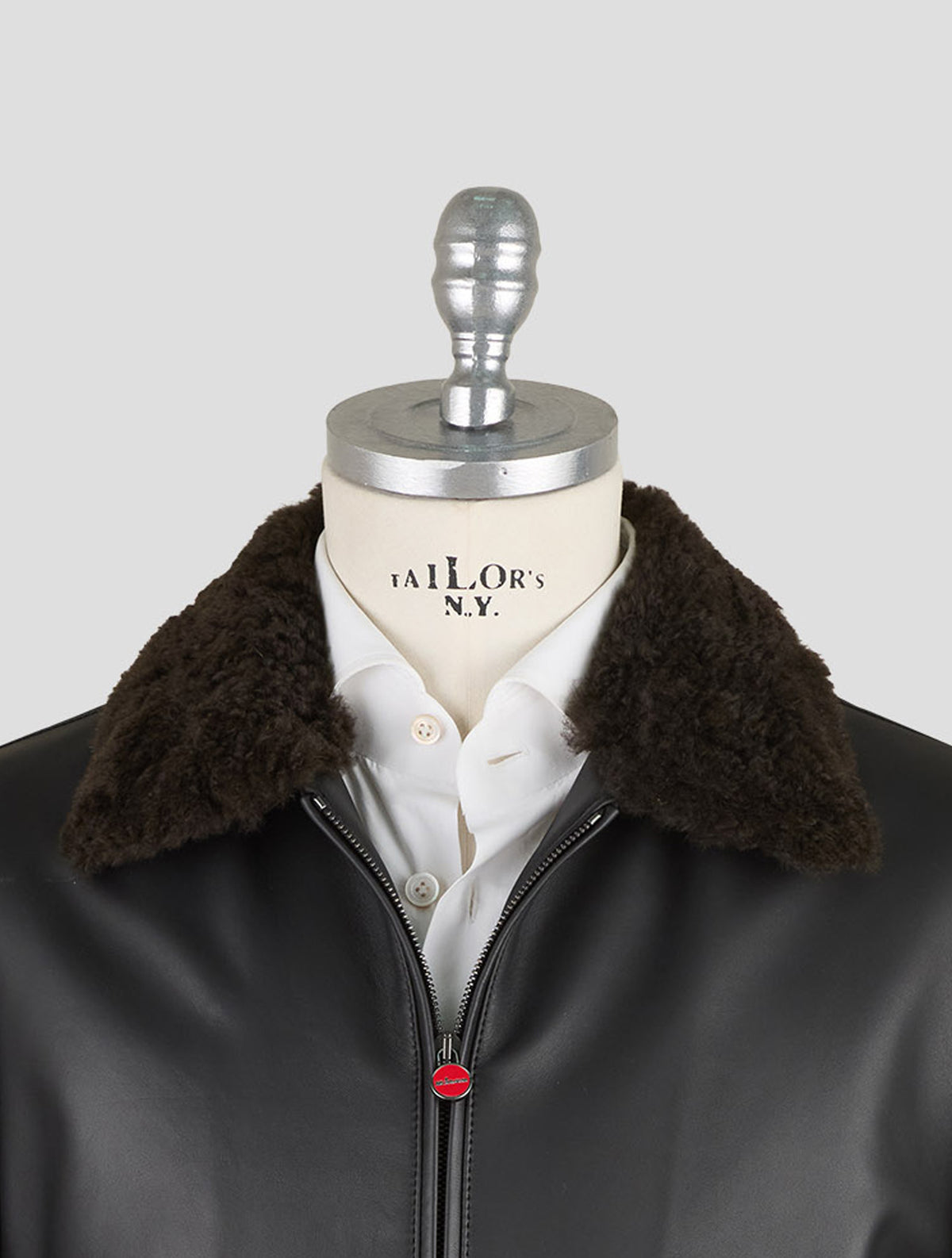 Kiton Black Leather Lamb Leather Shearling Coat