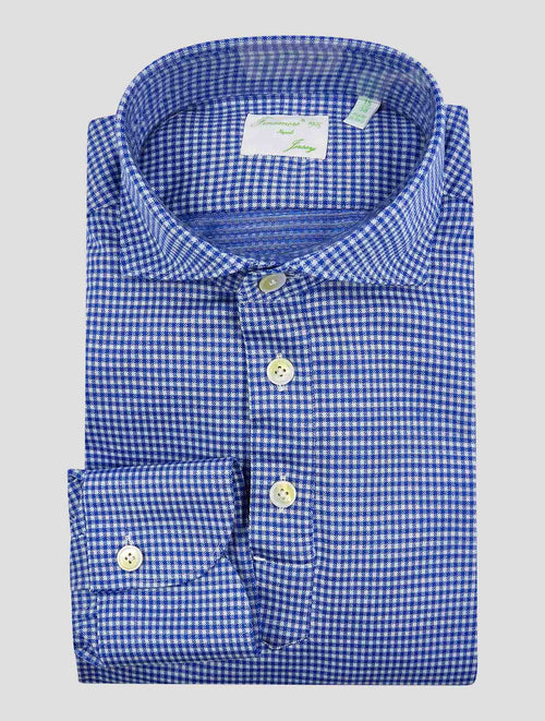 Finamore 1925 Blue White Merino Wool Shirt ACHILLE