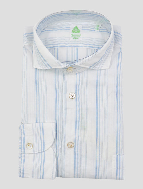 Finamore 1925 Light Blue White Cotton Linen Shirt Miami