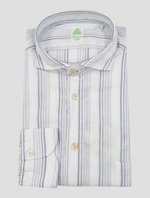 Finamore 1925 White Blue Cotton Linen Shirt Miami
