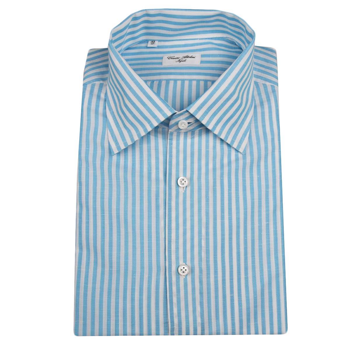 Cesare Attolini White Light Blue Cotton Linen Shirt