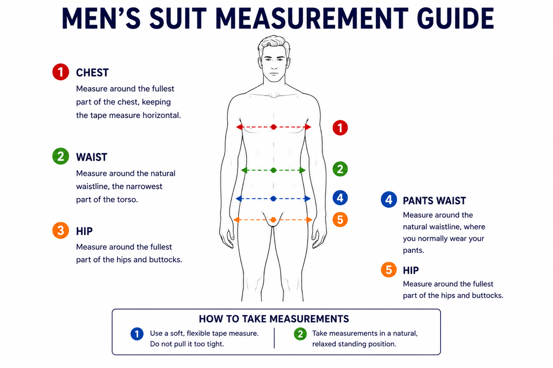 Men's suit measurement guide: where to measure the chest (1), waist (2), hip (3), pants waist (4) and hip (5)