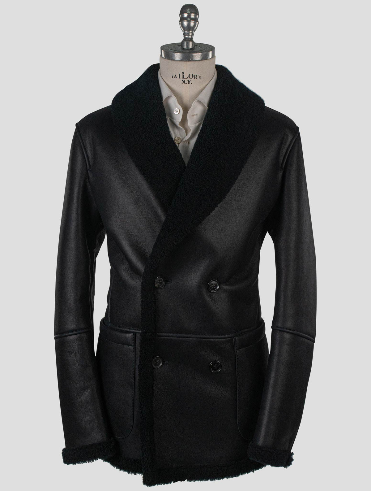 Isaia Isaia Black Leather Sheepskin Double Breasted Coat Black 000