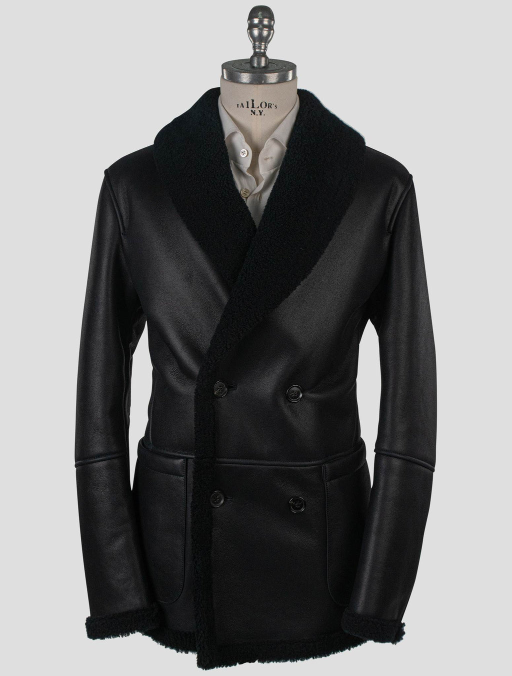 Isaia Black Leather Sheepskin Double Breasted Coat