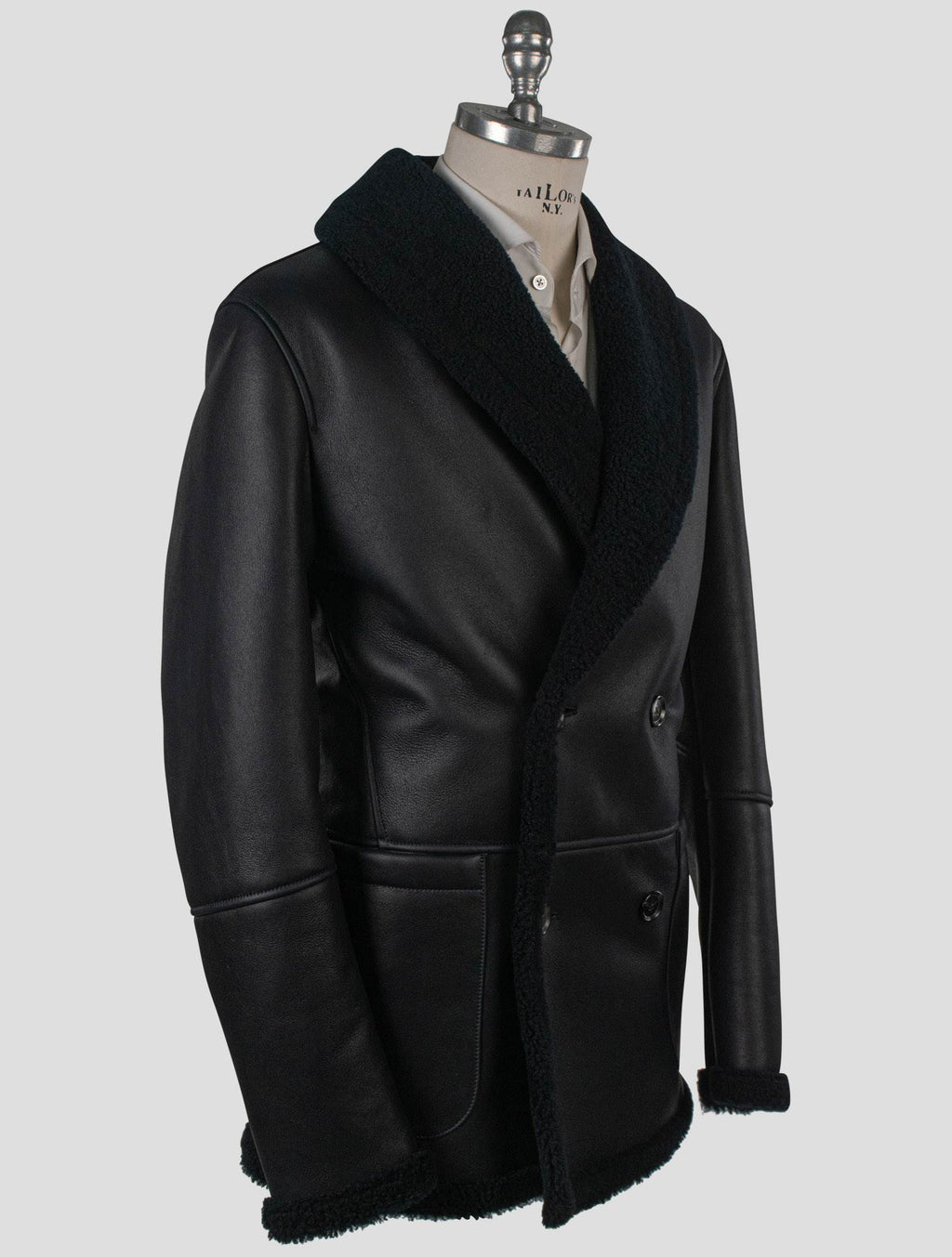 Isaia Isaia Black Leather Sheepskin Double Breasted Coat Black 001