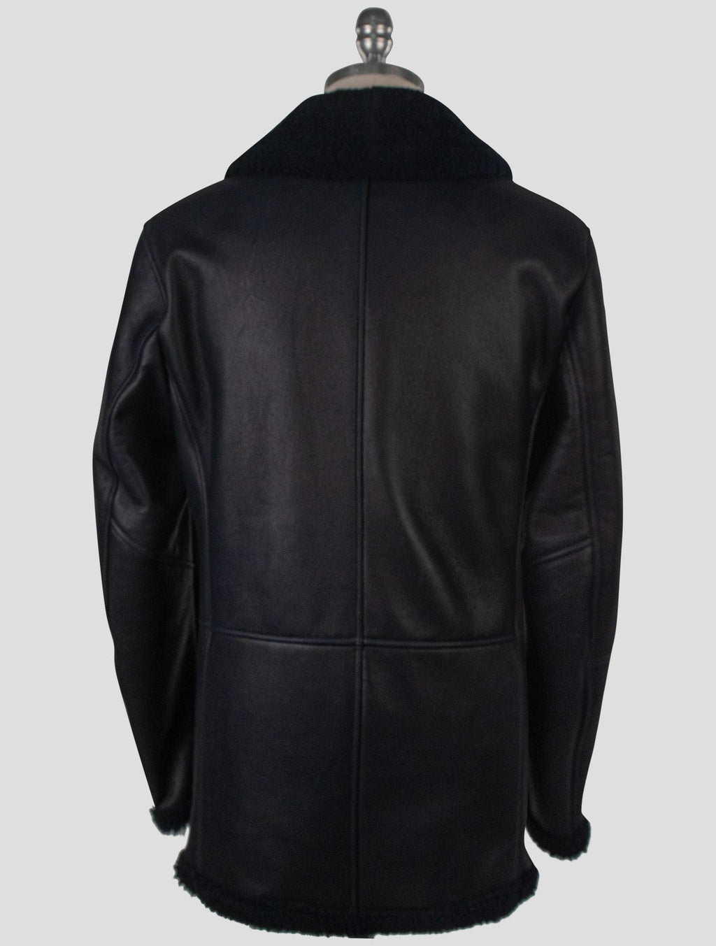 Isaia Black Leather Sheepskin Double Breasted Coat