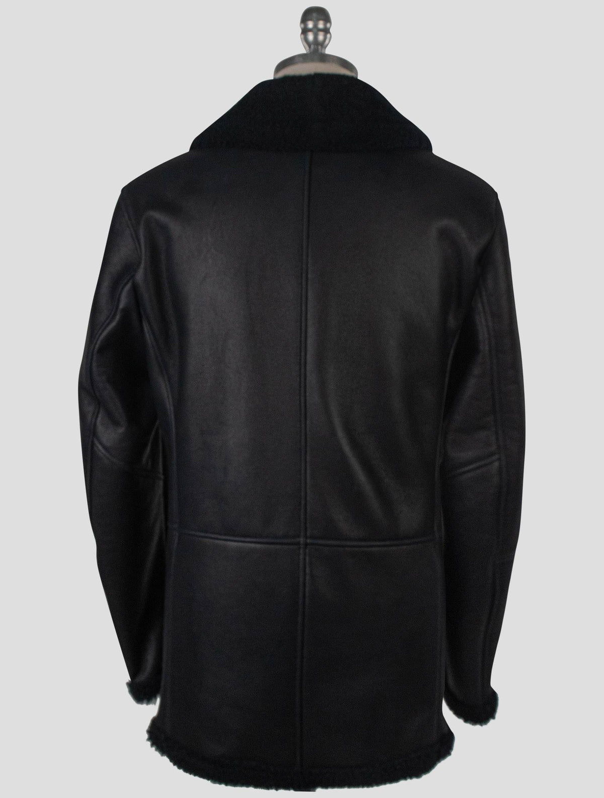 Isaia Black Leather Sheepskin Double Breasted Coat