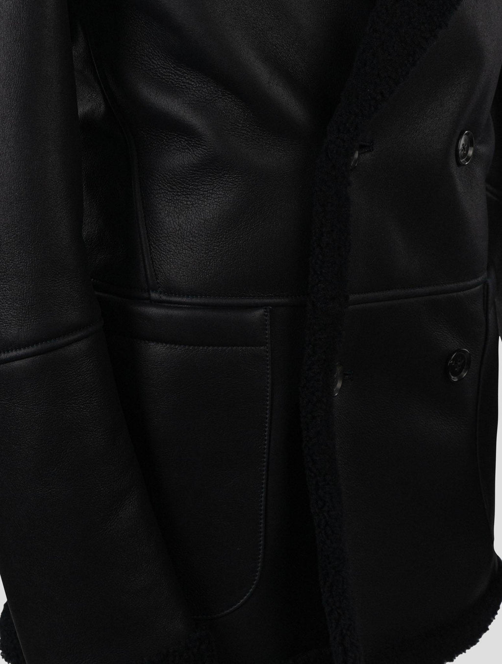Isaia Black Leather Sheepskin Double Breasted Coat