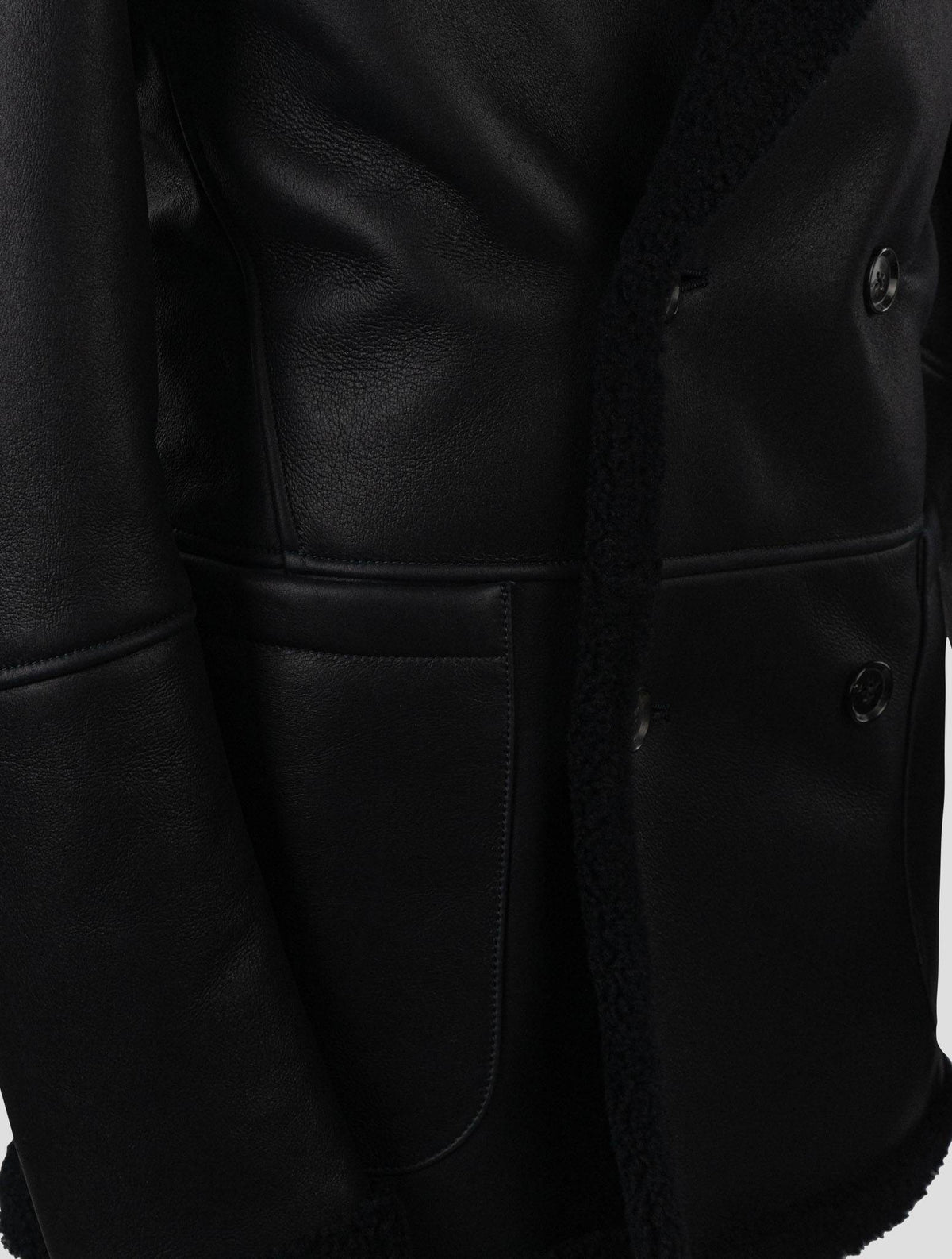 Isaia Black Leather Sheepskin Double Breasted Coat