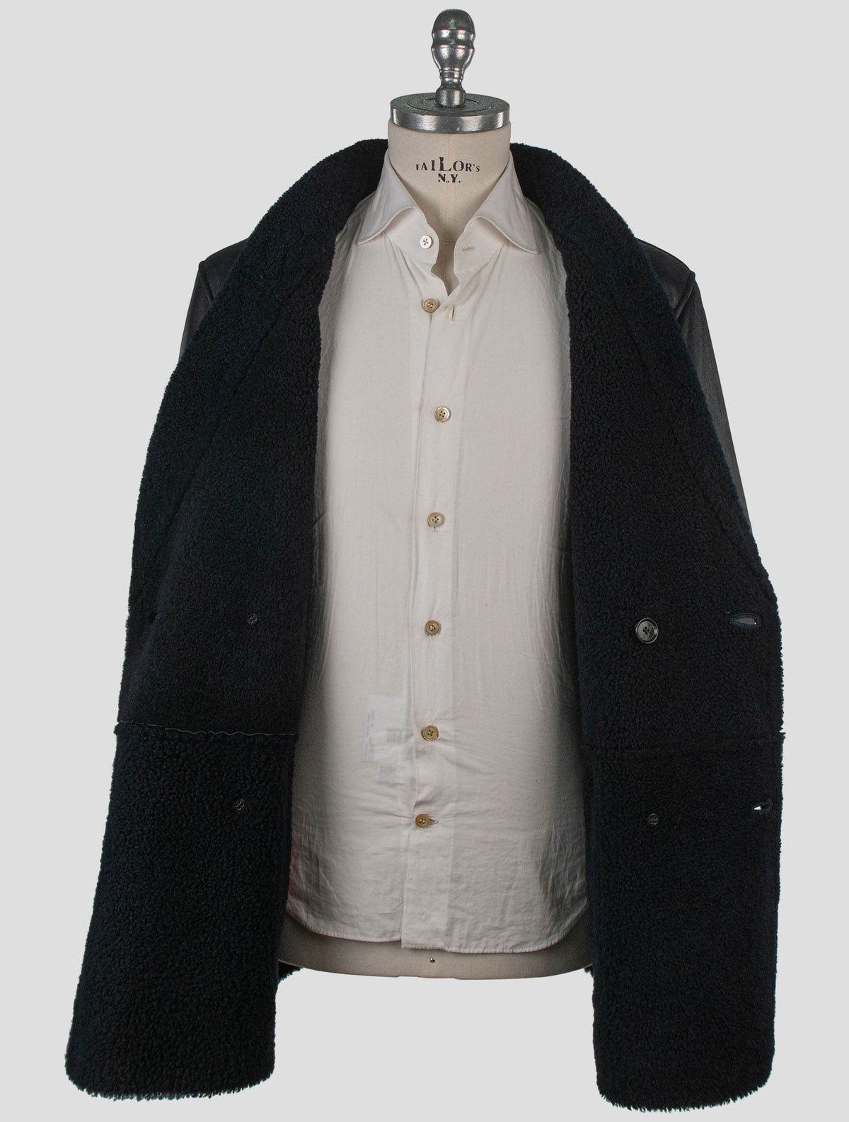 Isaia Black Leather Sheepskin Double Breasted Coat
