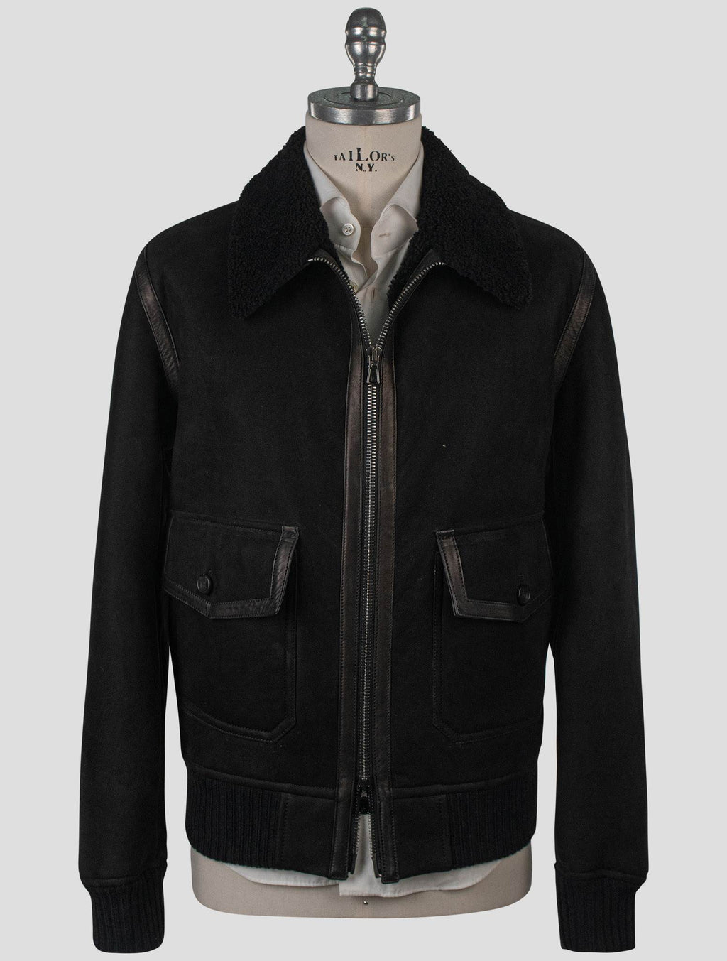 Isaia Black Leather Sheepskin Coat