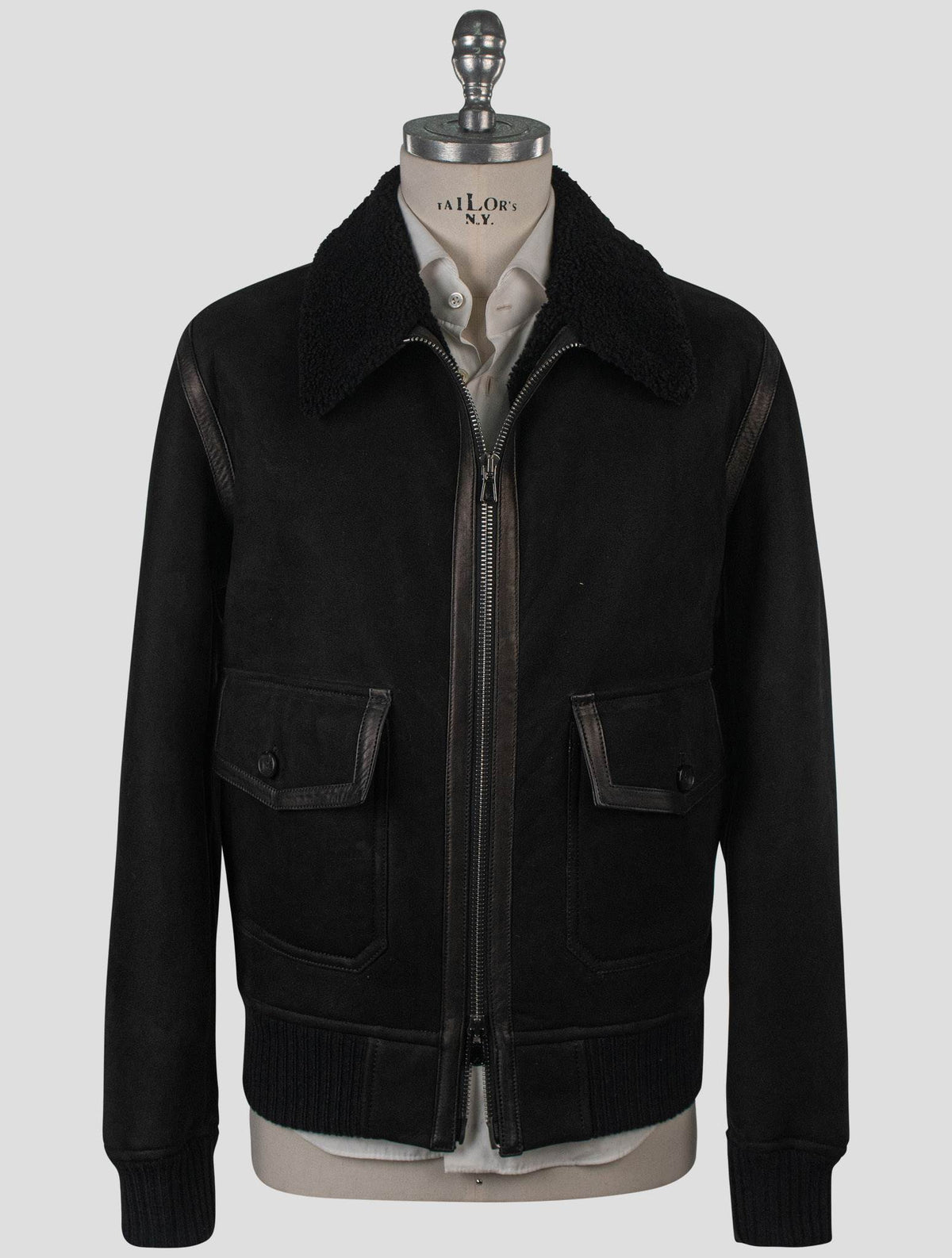 Isaia Black Leather Sheepskin Coat