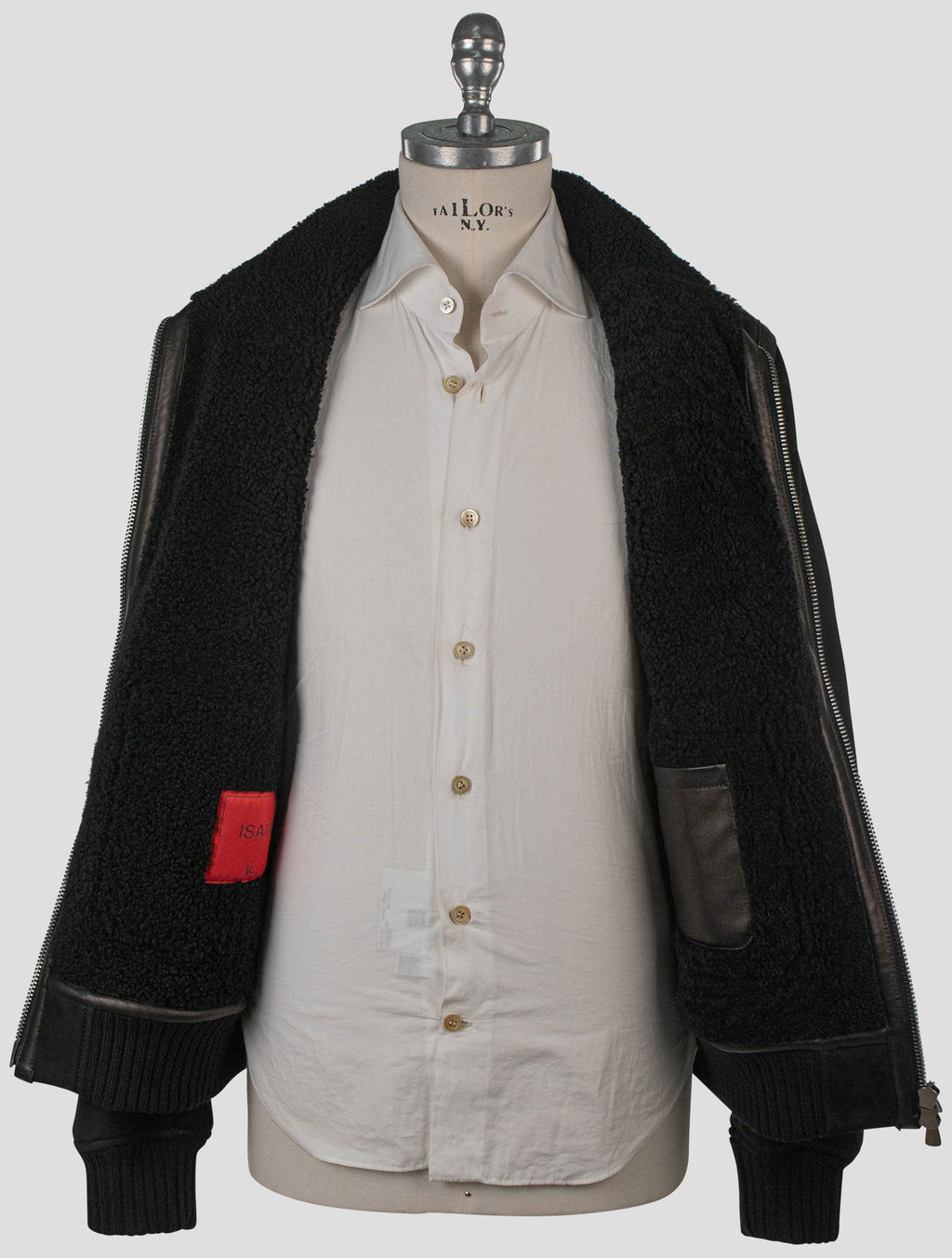 Isaia Black Leather Sheepskin Coat