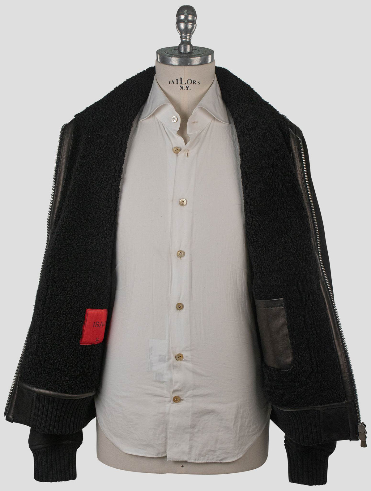 Isaia Black Leather Sheepskin Coat