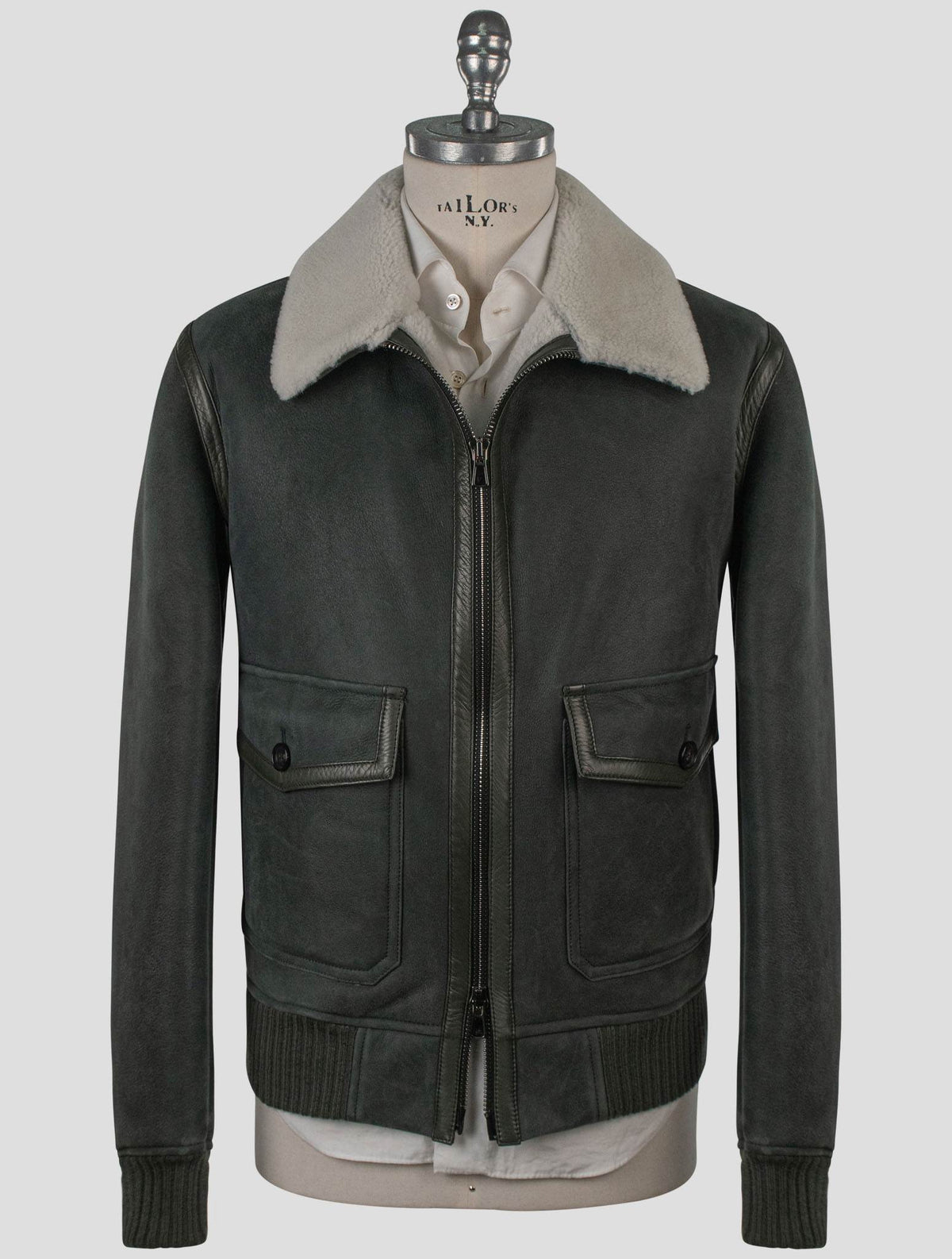 Isaia Green Leather Sheepskin Coat
