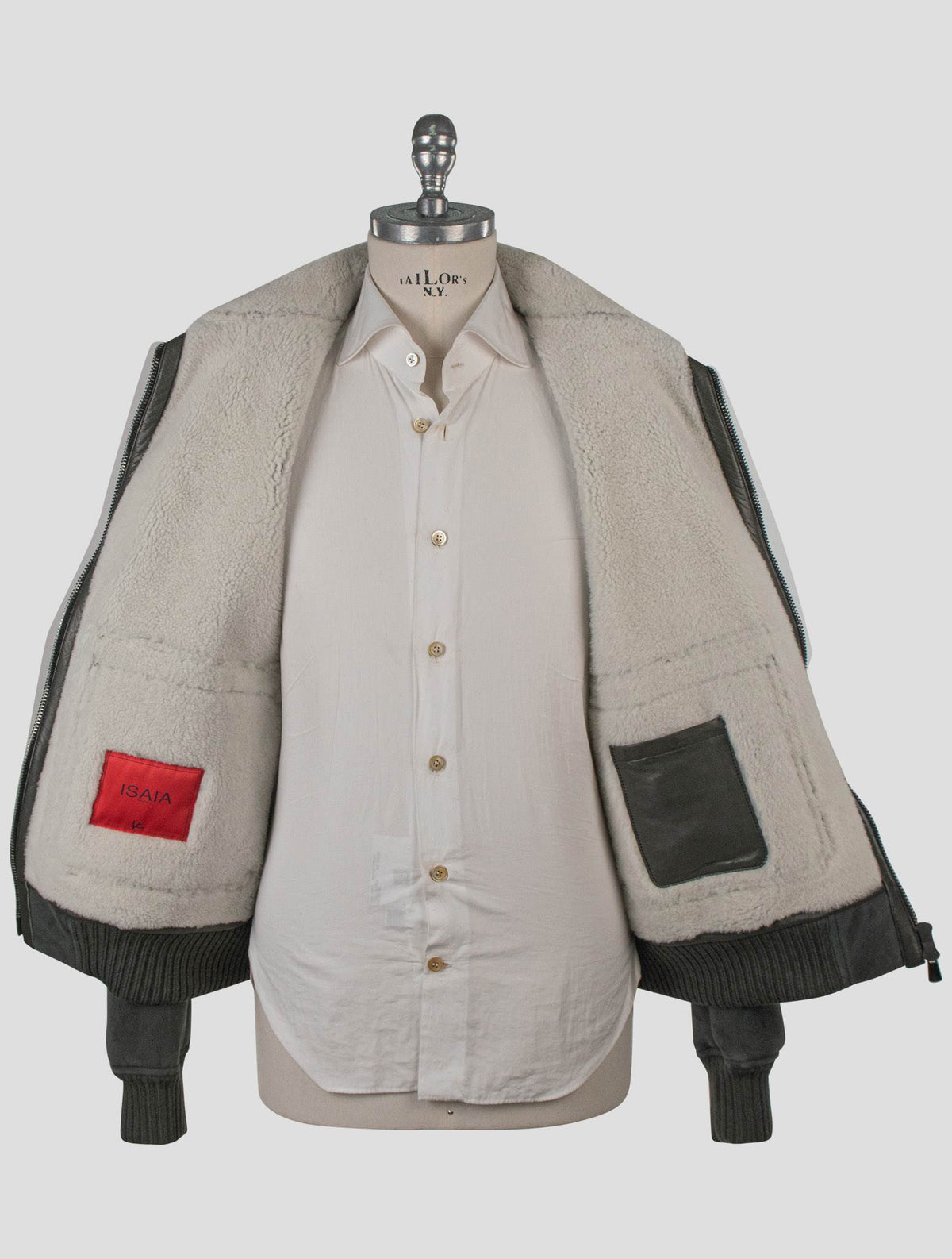 Isaia Green Leather Sheepskin Coat