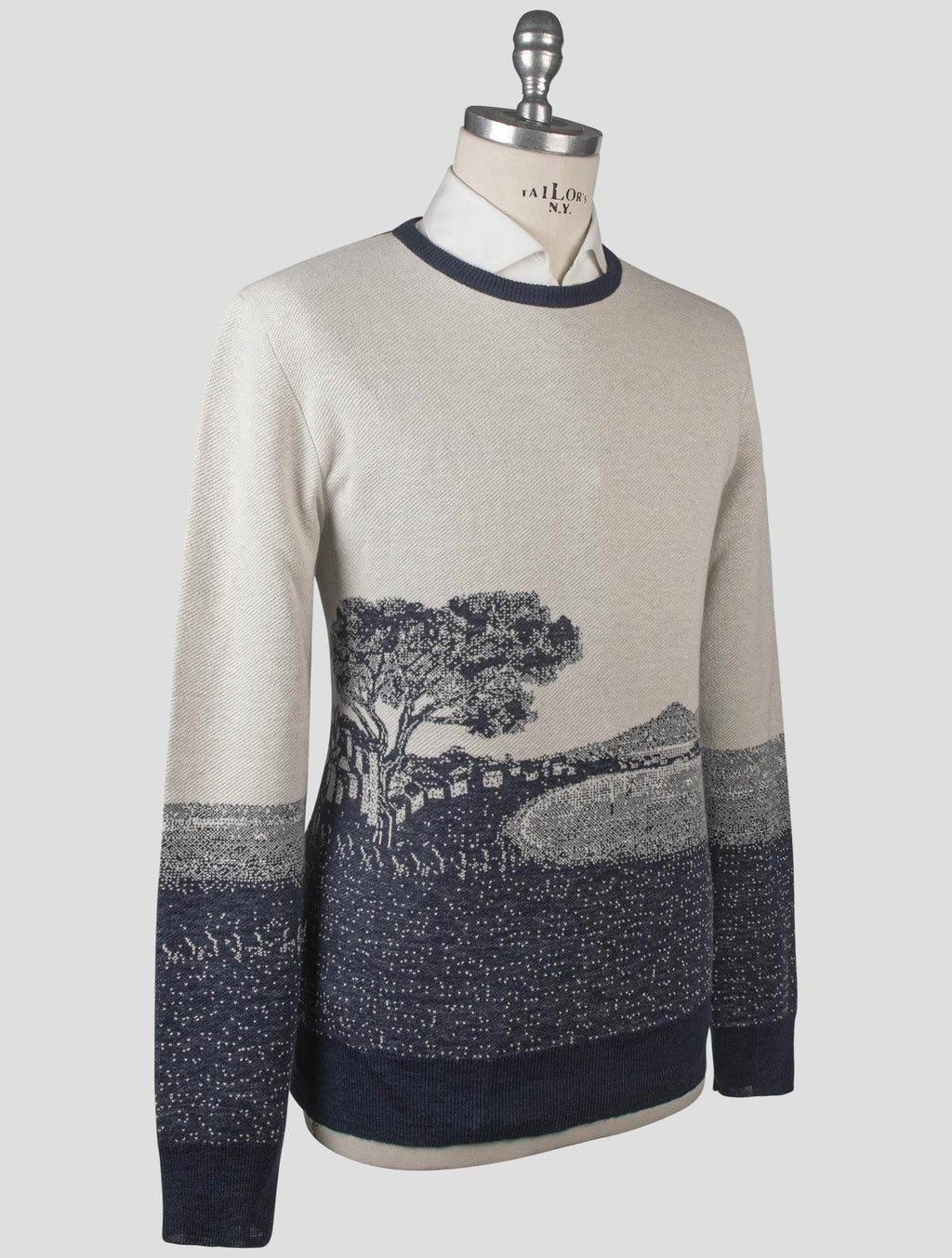 Isaia Isaia Blue White Silk Cashmere Sweater Crewneck Blue / White 001