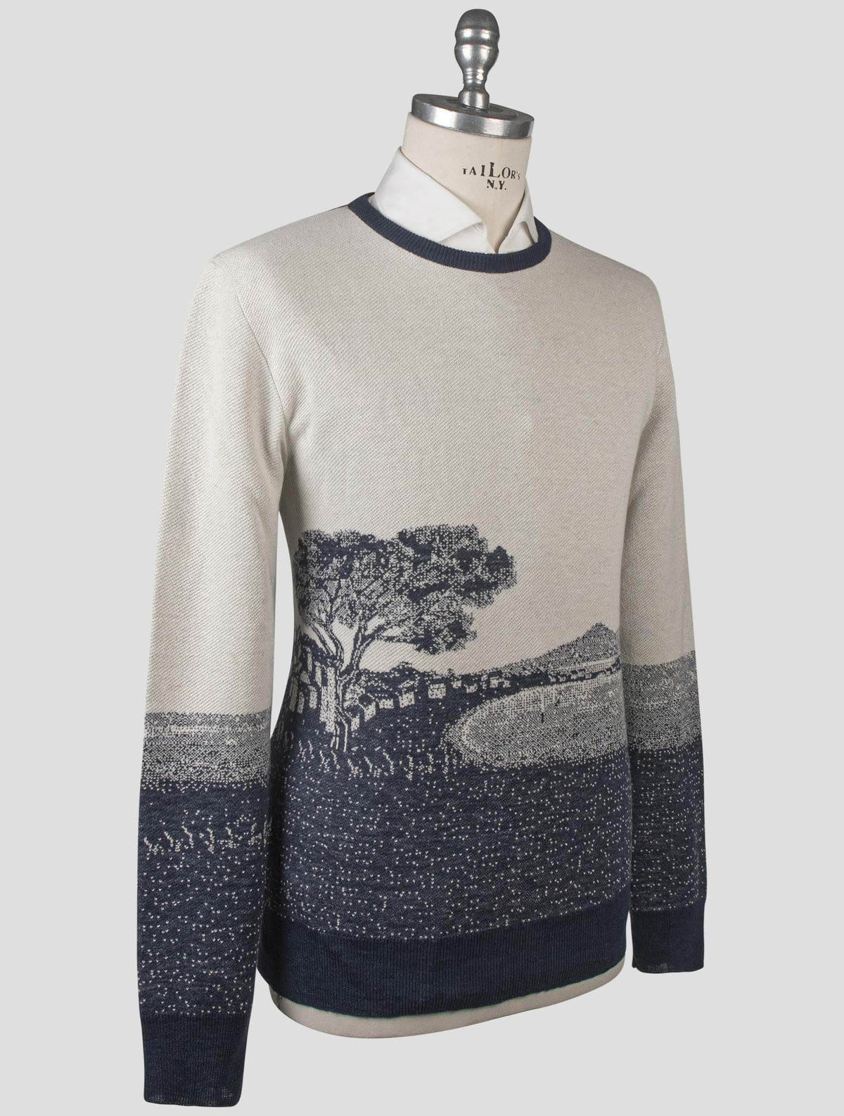 Isaia Isaia Blue White Silk Cashmere Sweater Crewneck Blue / White 001
