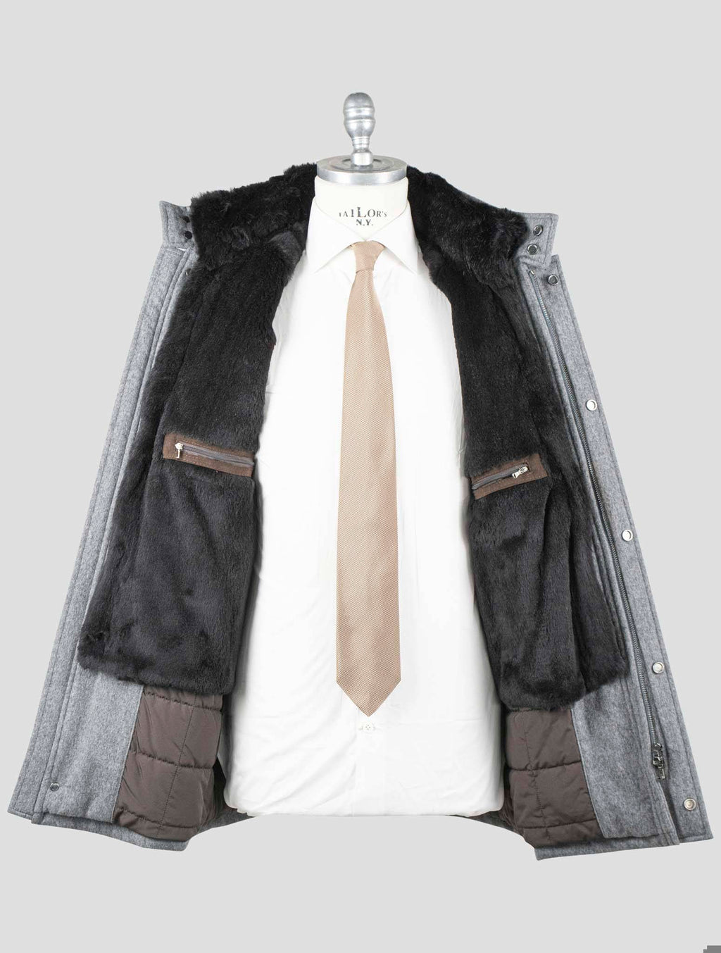 Barba Napoli Gray Virgin Wool Cashmere with Lapin Fur Overcoat