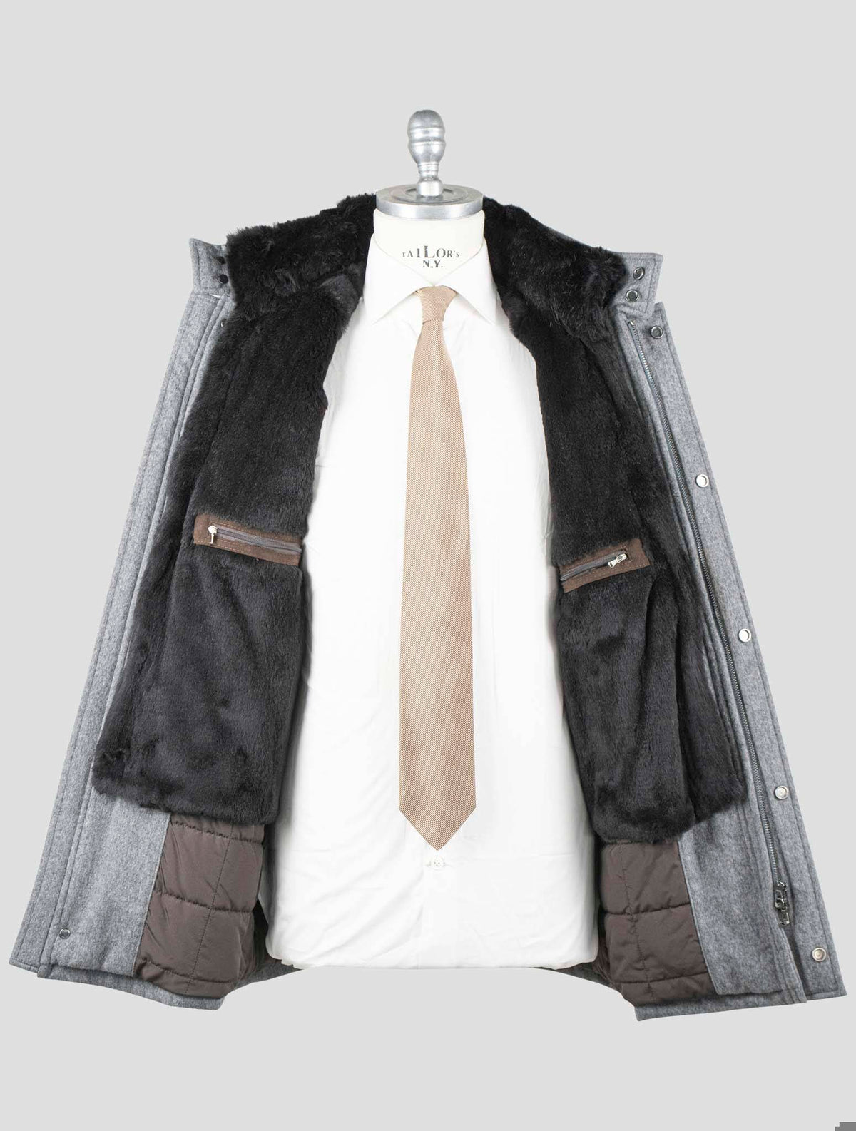 Barba Napoli Gray Virgin Wool Cashmere with Lapin Fur Overcoat