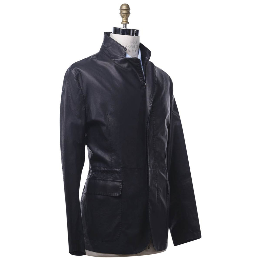 KITON Dark Blue Leather Coat
