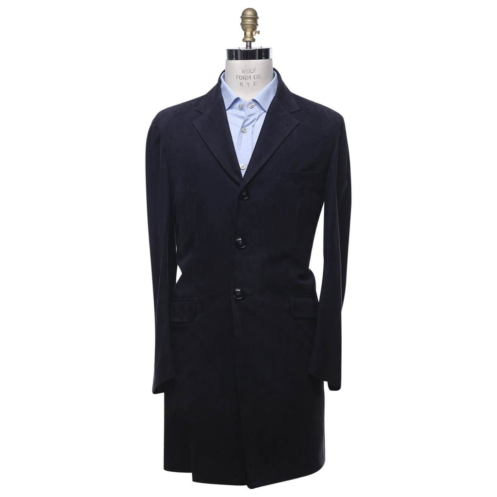 KITON Blue Leather Suede Overcoat