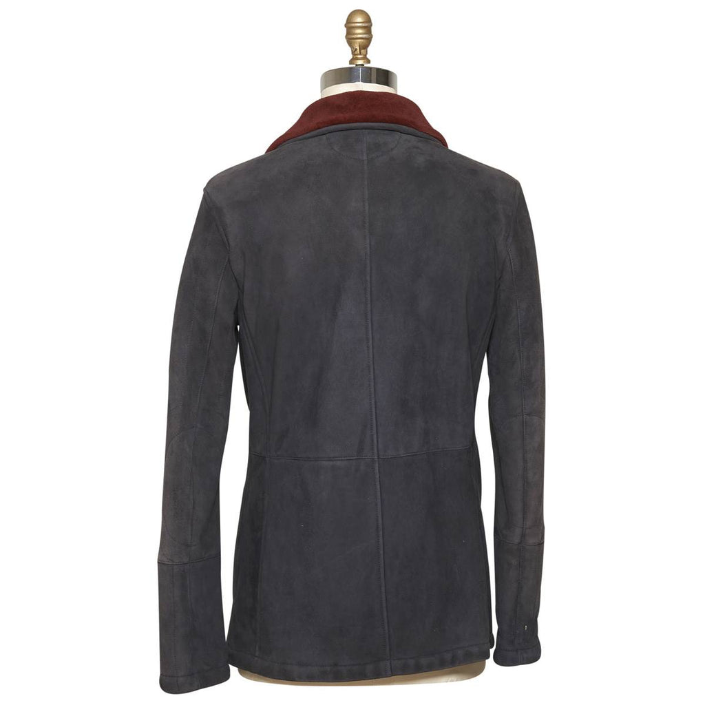 KITON Blue Leather Lambskin Double Breasted Coat