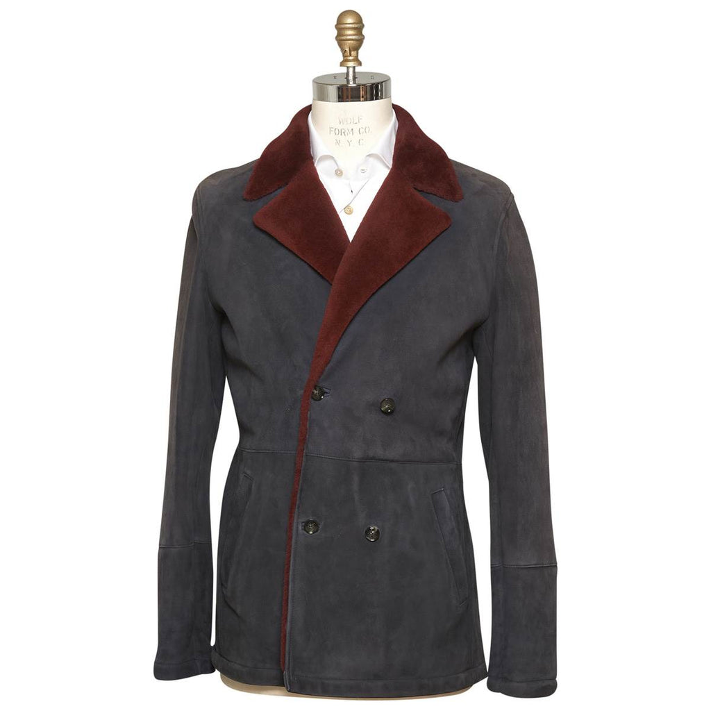 KITON Blue Leather Lambskin Double Breasted Coat