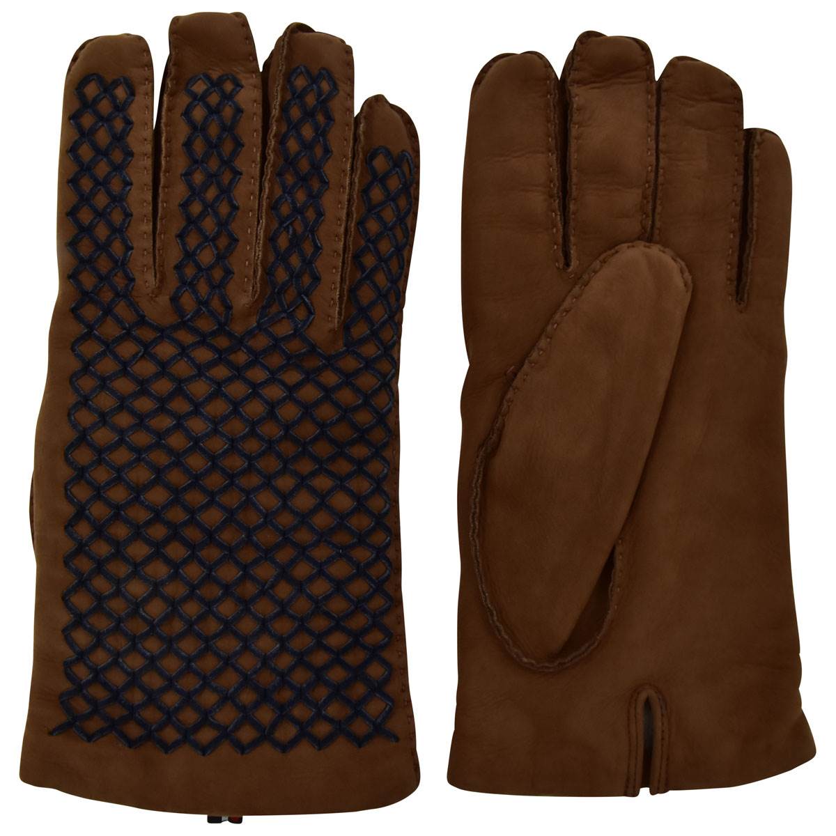 KITON Brown Blue Leather Cashmere Gloves