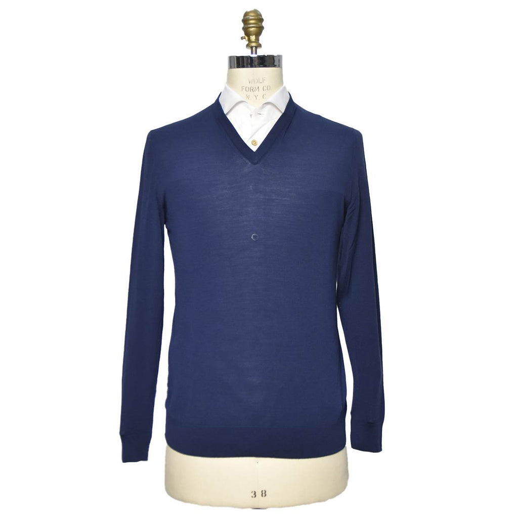 KITON Blue Wool 14 Micron Sweater V-neck