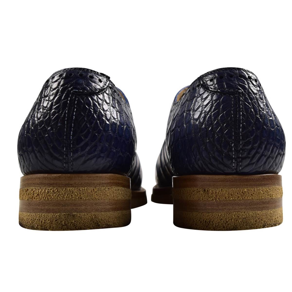 KITON Blue Leather Crocodile Dress Shoes