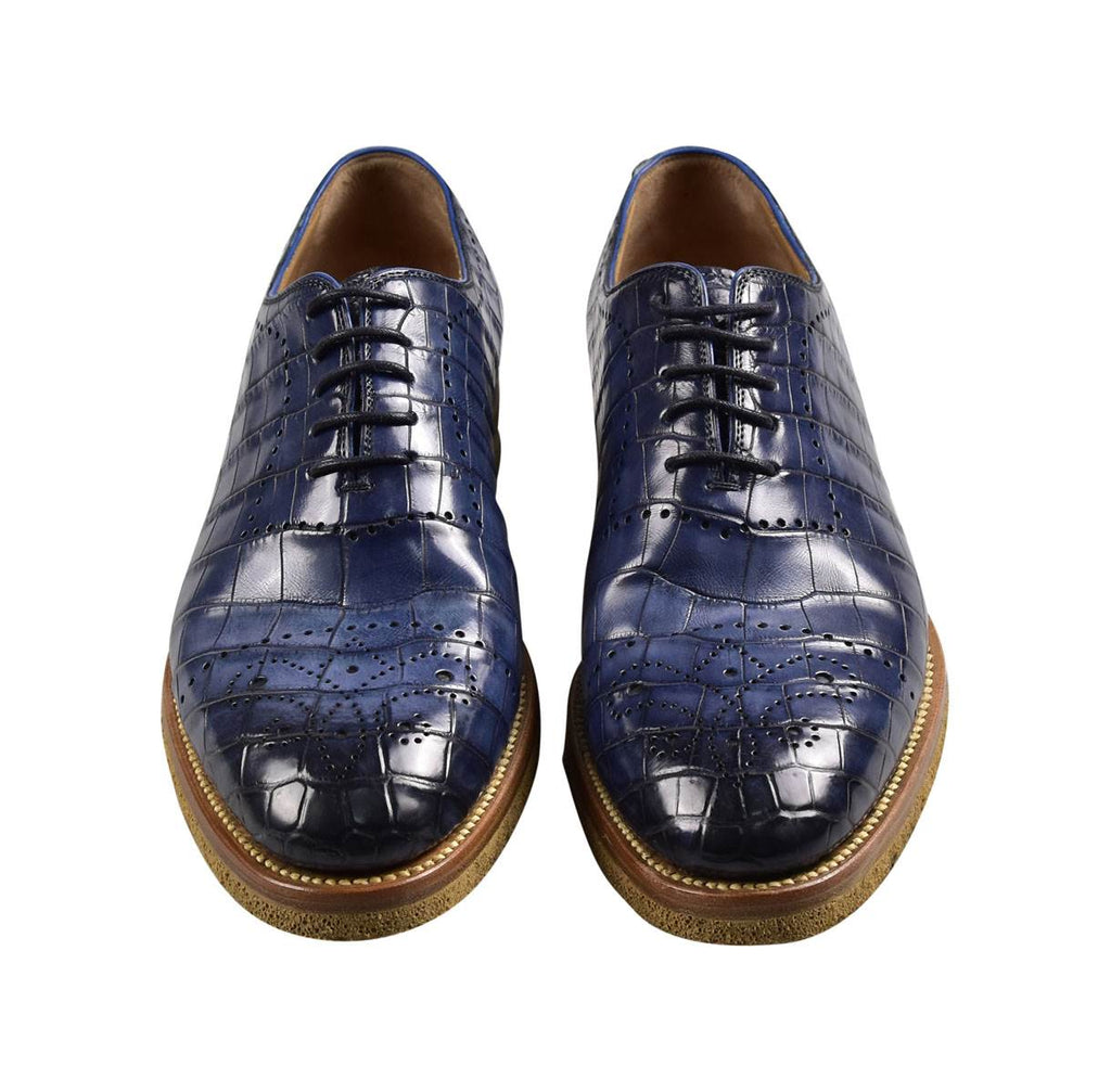 KITON Blue Leather Crocodile Dress Shoes