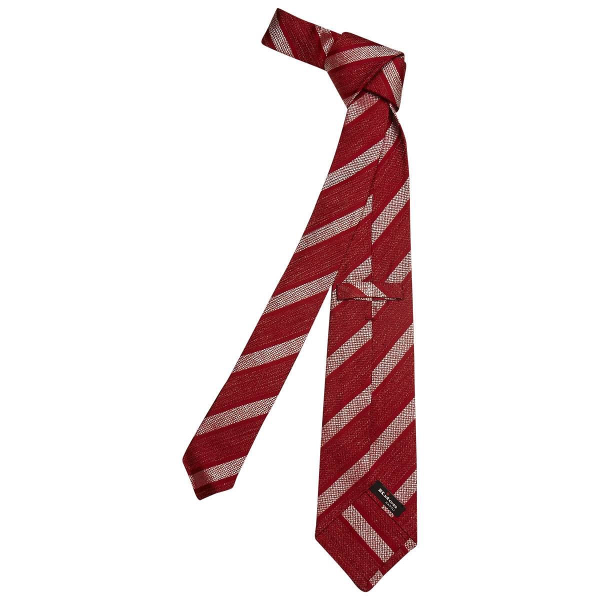 KITON Red White Silk Linen Wool Tie
