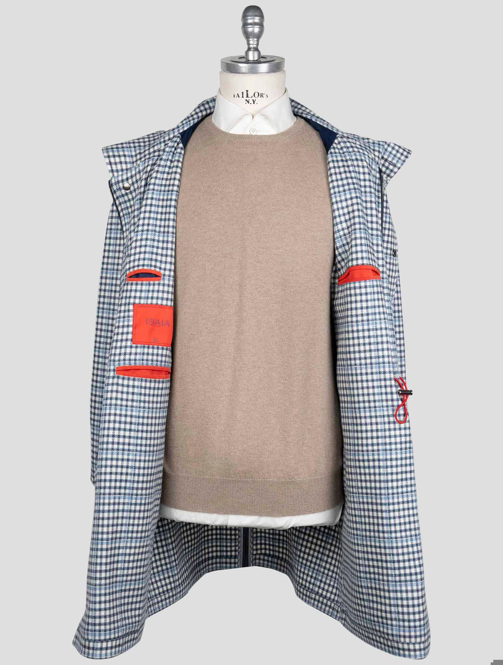 Isaia Blue White Wool Silk Linen Ea Overcoat