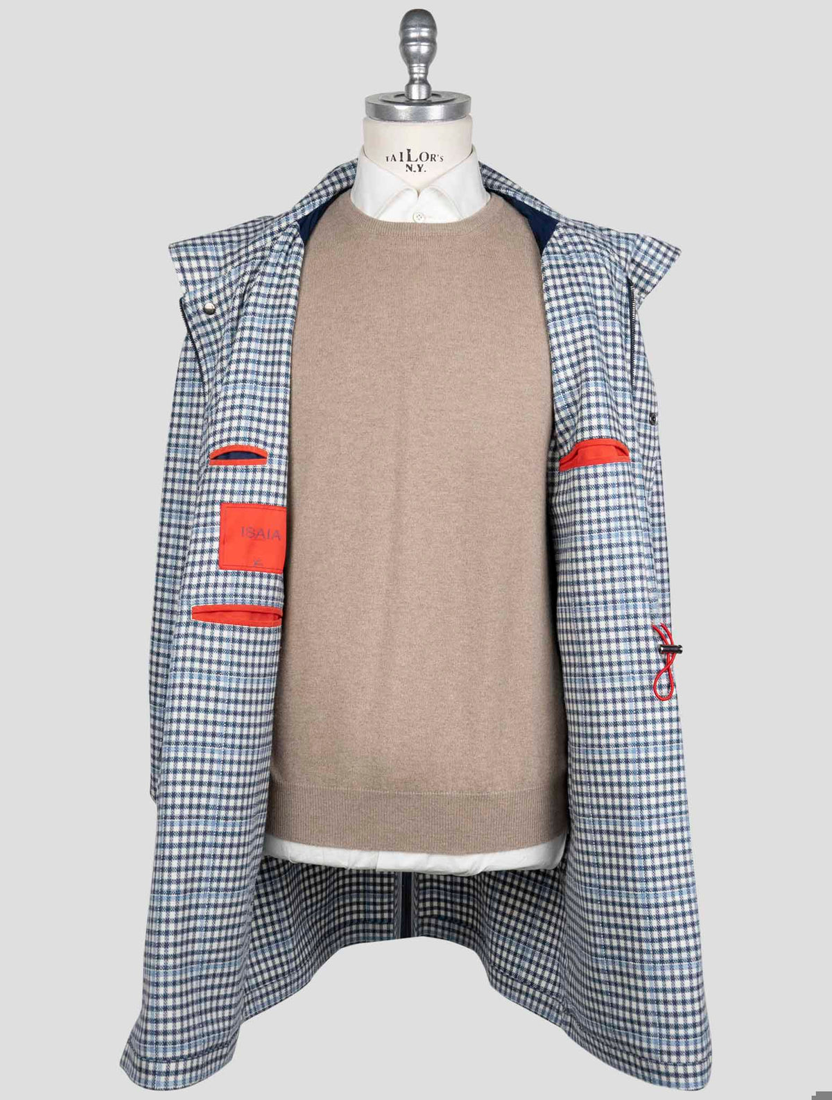 Isaia Blue White Wool Silk Linen Ea Overcoat