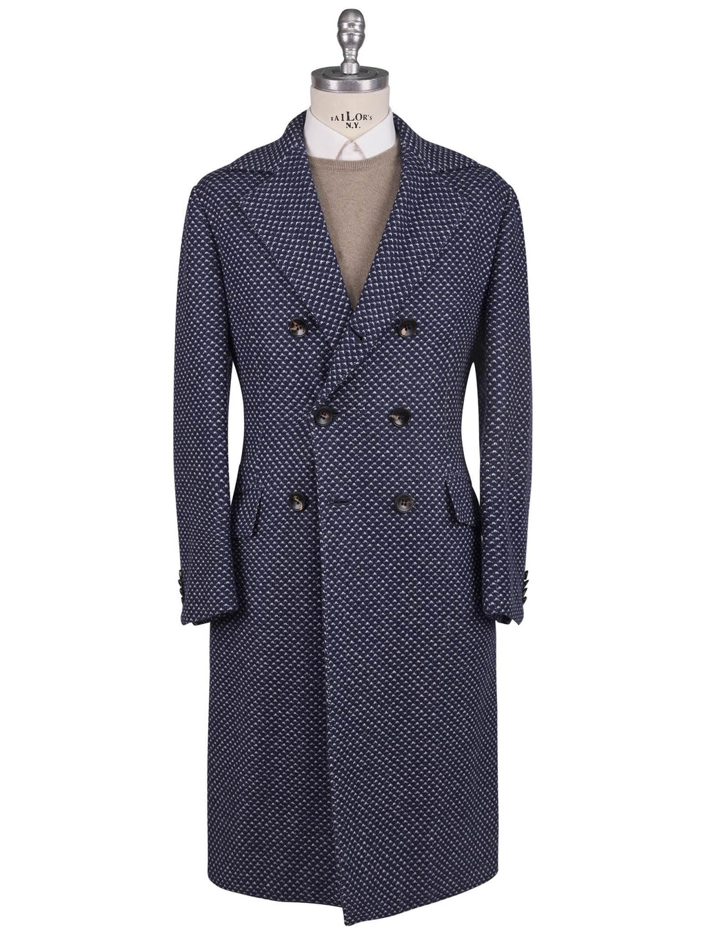 Kiton Blue White Cashmere Double Breasted Overcoat